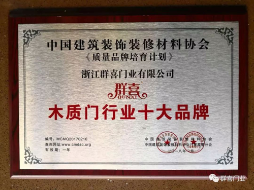 品牌榮譽(yù)|眾望所歸 群喜門業(yè)榮獲木質(zhì)門行業(yè)十大品牌 品牌榮譽(yù)|眾望所歸 群喜門業(yè)榮獲木質(zhì)門行業(yè)十大品牌